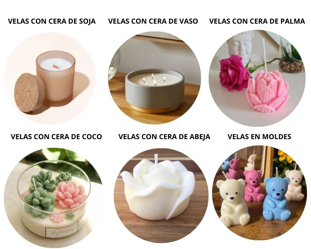 Ejemplos de velas: postres, flores y recipientes
